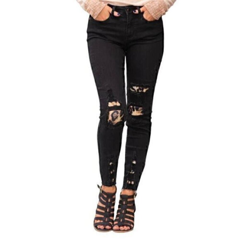 Judy Blue Womens Mid Rise Distressed Leopard Print Skinny Jeans JB82168BK 13/31